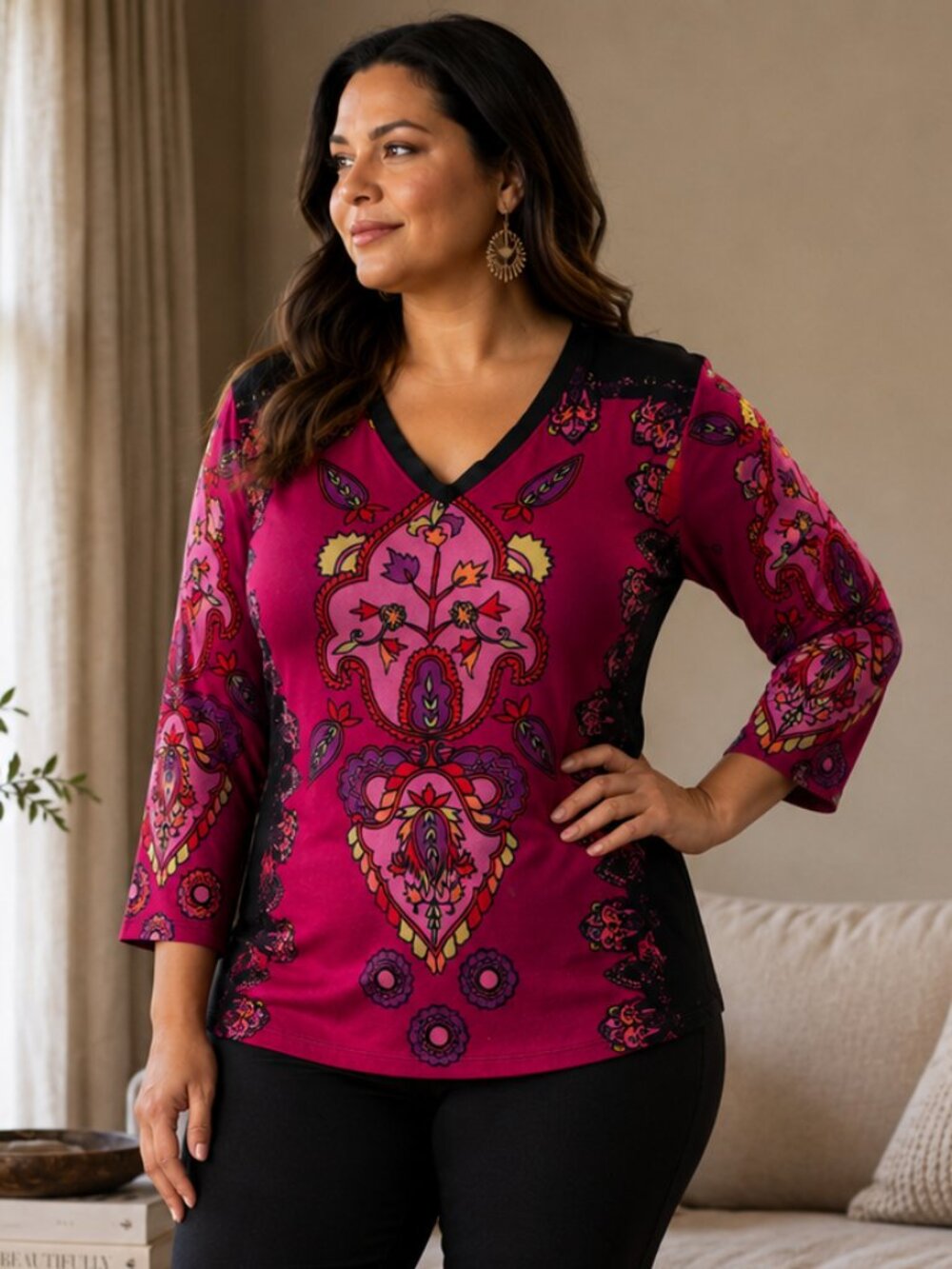 Lynn Ritchie Top 1X Pink Black Floral Paisley Boho Artsy Tunic SilkLynn Ritchie